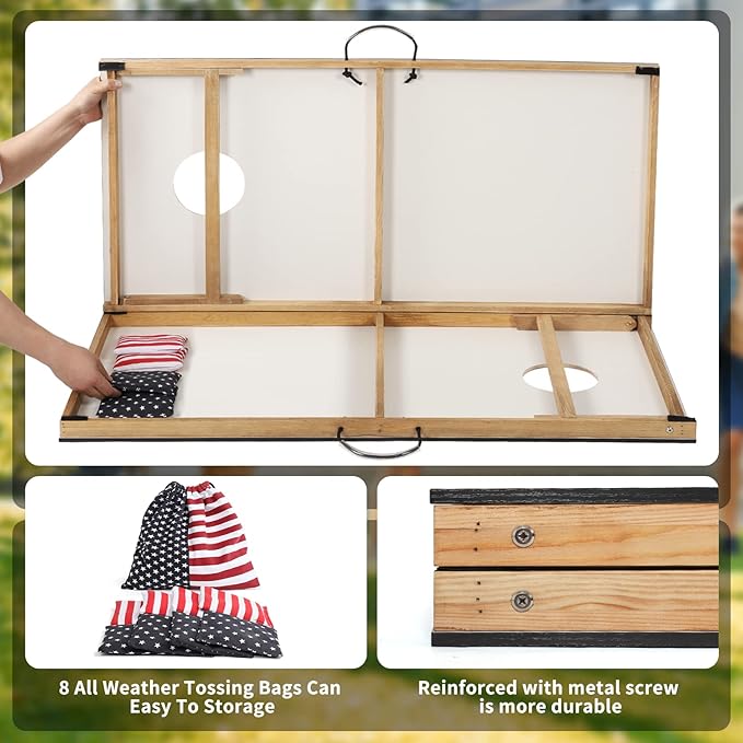 Cornhole Set, Corn Holes Outdoor Game, Regulation Cornhole Boards, Portable Cornhole Set, Classic American Flag Cornhole Set Includes 2 Boards, 8 Cornhole Beans Bags & Carry Case