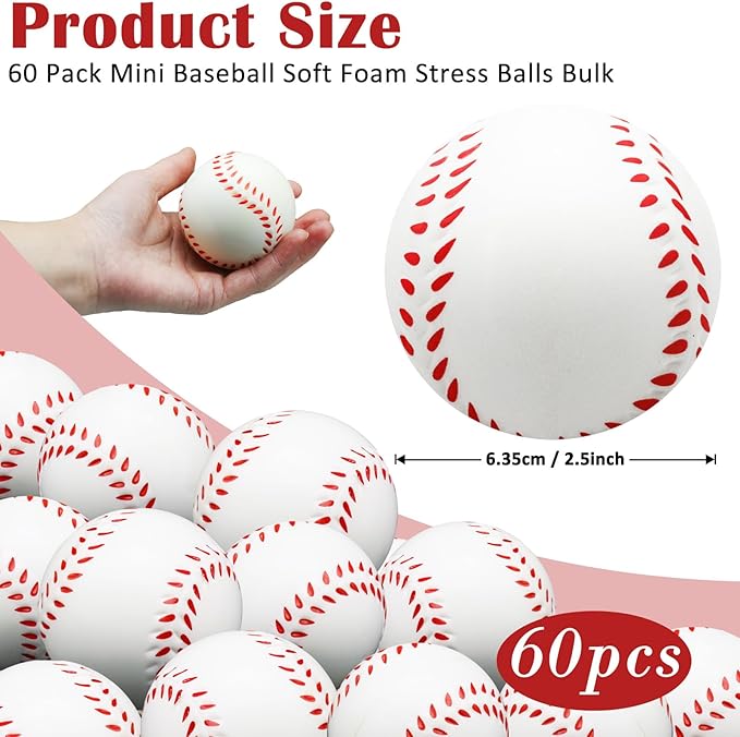 60 Pcs Baseball Stress Ball, 2.5 Inch Mini Squeeze Foam Baseball Bulk, Baseball Squishy Balls for Kids, Relaxable Sports Ball for Themed Party Favors, Decoration, Anxiety Relief
