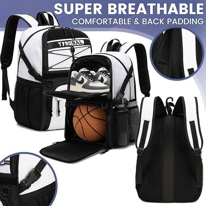 Basketball Bag Backpack with Ball Holder and Shoes Compartment,Best for Basketball, Soccer, Volleyball, Gym. (WHITE)