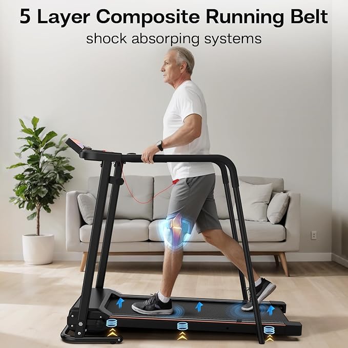 Treadmill for Seniors with Extended Long Handrails for Balance & Safety Foldable Elderly Treadmills for Home Composite Shock-Absorbing Treadmill for Seniors 300 lbs Capacity LCD Display APP Control