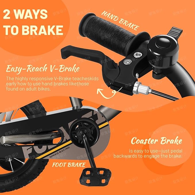 Boys Bike 12 14 16 Inch Kids Bicycle for 2-7 Years, Sporty Children's Mountain Bike with Training Wheels & Dual Brakes, Gray-Black Steel Frame