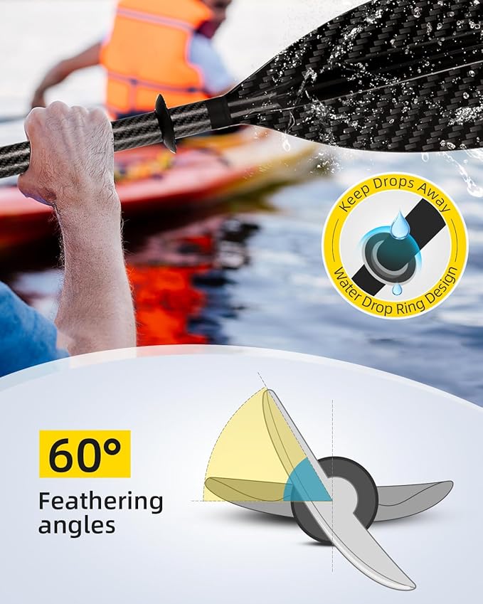 OCEANBROAD Adjustable Carbon Fiber Kayak Paddle 86in/220cm to 94in/240cm Kayaking Oar for Adults with Paddle Leash 1 Paddle