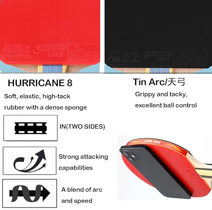 DHS Ping Pong Paddles Professional Table Tennis Racket with Hurricane Rubber Carrying Case - ITTF Approved Rubber for Tournament Play