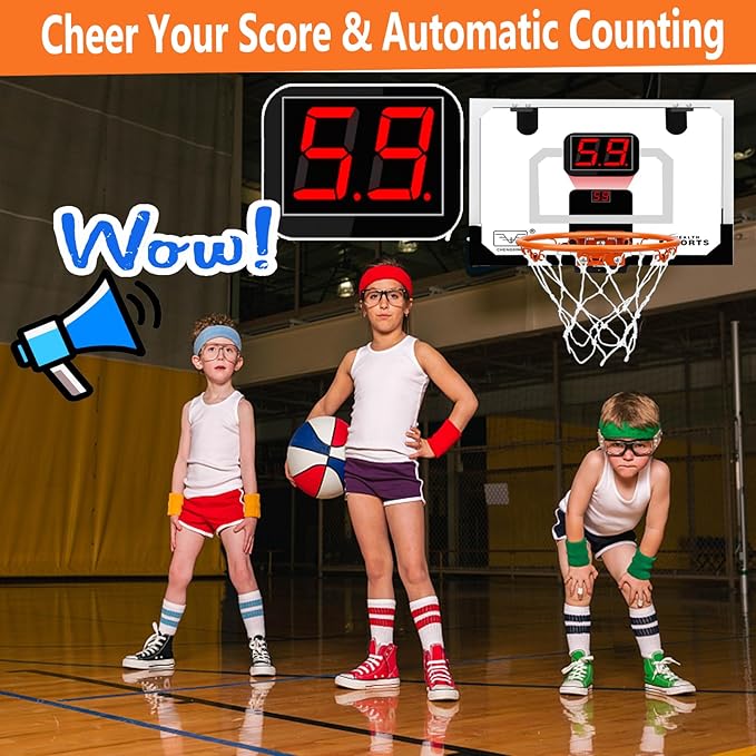 Pro Indoor Mini Basketball Hoop Set for Kids Adults, Over Door Automatic Scoring Basketball Hoop with 4 Rubber 6" Balls, Boost Wall Mount Basketball Hoops with Electronic Scoreboard Large Dunk Rim