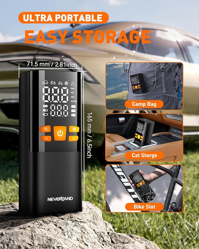 NEVERLAND Tire Inflator Portable Air Compressor - 4X Faster 150 PSI Air Pump for Car Tires, Electric Bike Pump with Pressure Gauge, Auto-Shutoff Cordless Tires Pump for Car Bicycle Motorcycle Ball