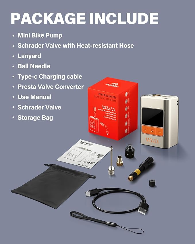 Mini Bike Tire Pump with Gauge 120PSI-Portable Air Compressor&Electric Tire Inflator for Bicycle/Motorcycle/Ball,Rechargeable Type-C,Auto Stop,Fits Pocket/Glove Box(Presta/Schrader Valves)