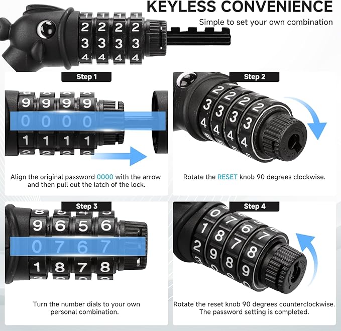 Bike Lock, 3.9 Feet 4-Digit Resettable Combination Password Anti-Theft Cable Lock, Cute Coiled Bike Lock with Mounting Bracket, Suitable for Bicycles, Electric Scooters, Ebikes (Black-12mm)