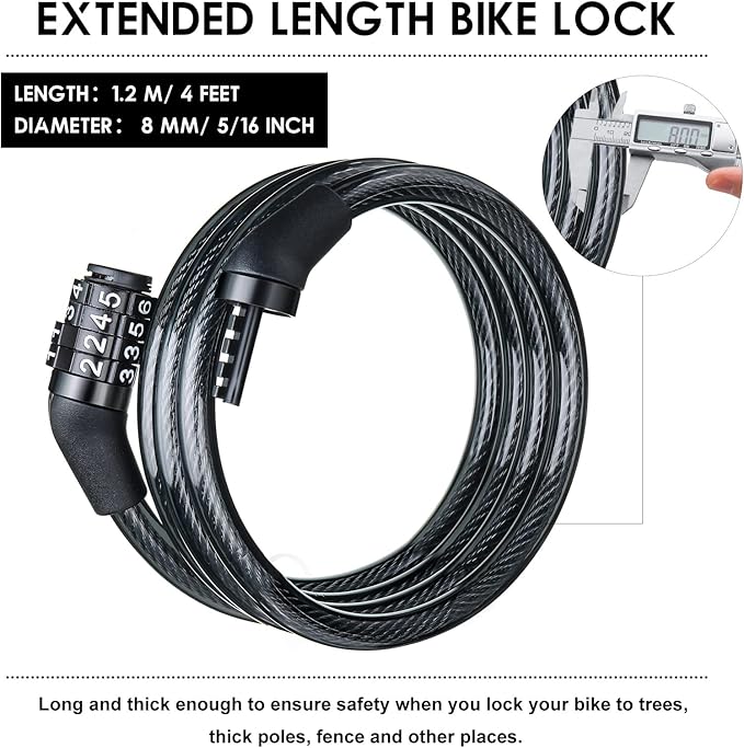 10 Pcs Bike Lock Cable with Combination, 4 Feet Coiled Preset Bike Lock High Security 4 Digit Bicycle Lock Anti Theft Bike Accessories Black Bike Cable Locks, 5/6 Inch Diameter