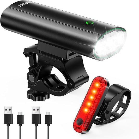 Super Bright Bike Lights for Night Riding, USB Rechargeable Mountain Bicycle Headlight, Waterproof, 6+4 Light Modes Bike Light Set for Cyclists and Commuters