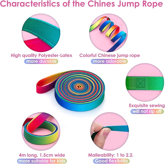 Cikyner Chinese Jump Rope, 2 Pack 4m Long 1.5cm Wide Elastic Chinese Ropes with Instructions French Skipping Rainbow Band for Children Jumpsies Games Indoors and Outdoors, Ideal for Gifts for Kids