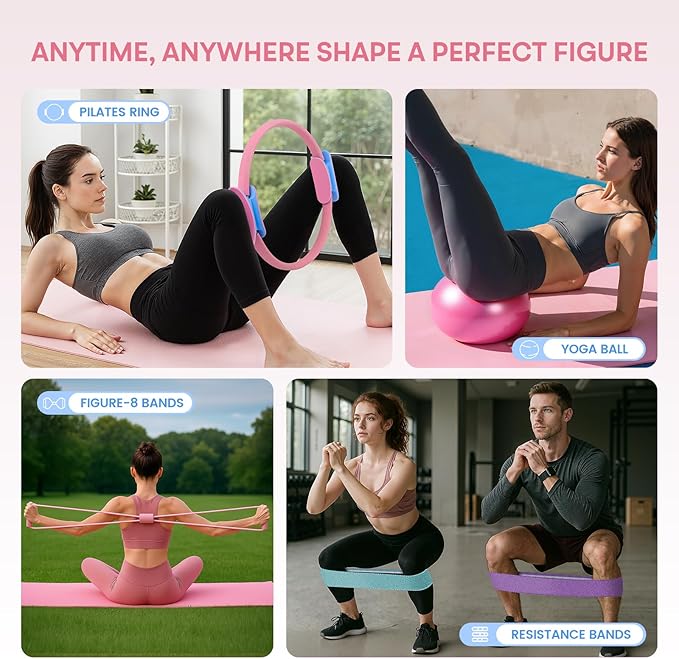 Pilates Ring Equipment Kit at Home, Resistance Bands and Exercise Ball for Women Workout Set, Pilates Rings 14 Inch Yoga Magic Circle Working Out, Pilates Equipment Essentials Kit Accessories