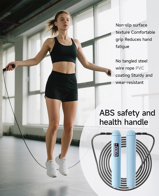 Smart Jump Rope – Customisable Calorie, Count and Time Settings Jump Ropes, Adjustable Steel Wire Skipping Rope with LED Display, for Men Women Fitness and Workout