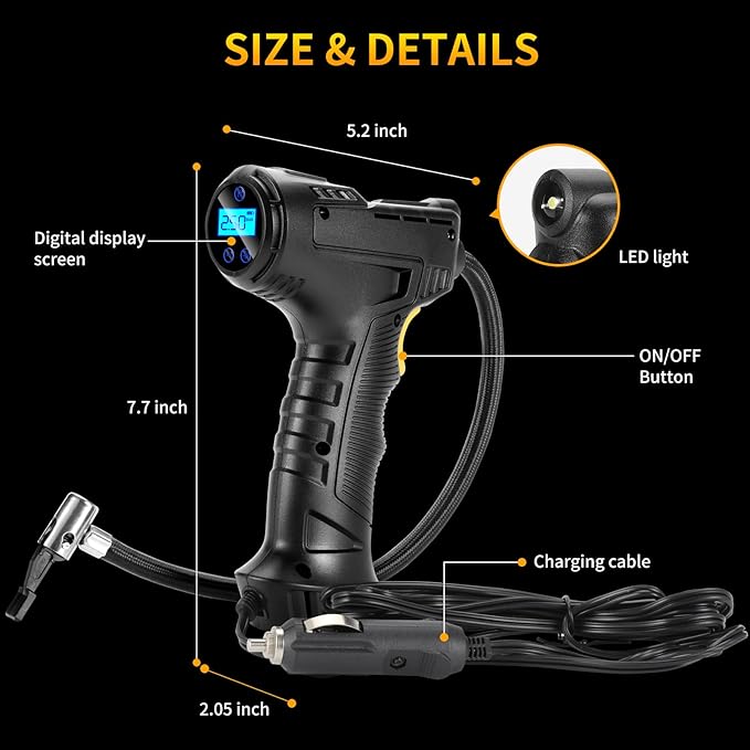 150PSI Portable Air Compressor for Car Tires – Digital Tire Inflator with LED Flashlight, 12V Auto Pump for Cars, Motorcycles, Bikes, and Sports Balls