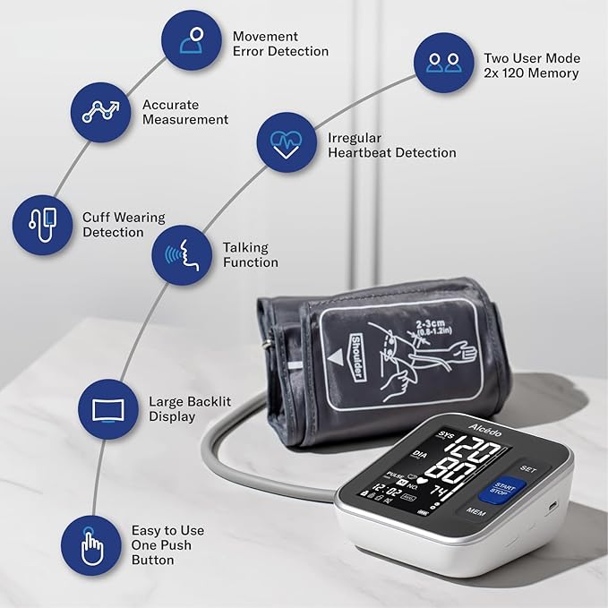 Alcedo Blood Pressure Monitor for Home Use, Automatic Digital BP Machine with Large Cuff for Upper Arm (Black Backlit Screen)