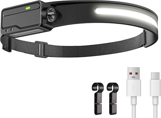 LED Headlamp Rechargeable Waterproof, Motion Sensor Hardhat Headlamp with Clips, 230°Wide Beam Head Lamp 6 Modes, for Adults, Kids, Camping, Running, Hiking, 1 Pack