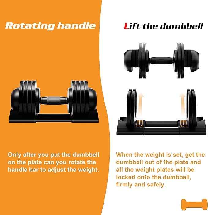 Adjustable Dumbbell,22LBS 44LBS 52LBS Dumbbell Set with Tray for Fitness, Fast Adjust Weight by Turning Anti-Slip Handle, Safety with 8 Lock Slots, Suitable for Men and Women