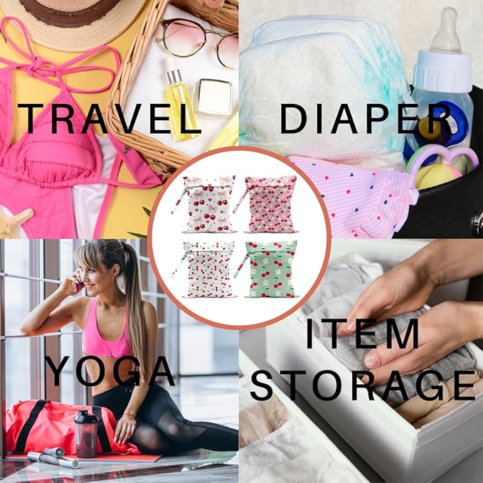 4 Pack Cute Flower Bow Cherry Wet Bag Waterproof Washable Reusable Wet Dry Bag for Swimsuit Clothes Soiled Items Cloth Diaper Travel Beach Pool Yoga Gym Toiletries Travel Beach Essentials
