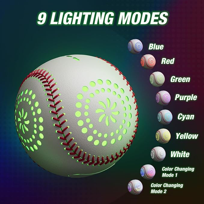 Kids Baseball Glove with Light Up Baseball/LED Rechargeable, 9 Lighting Modes Official Size Leather Weighted Glow Baseballs for Day Night, Sport Toys Games Gifts for Youth Boys