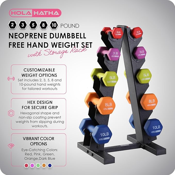 HolaHatha 2, 3, 5, 8, and 10 Pound Neoprene Dumbbell Free Hand Weight Set with Rack, Ideal for Home Exercises to Gain Tone and Definition, Pastel