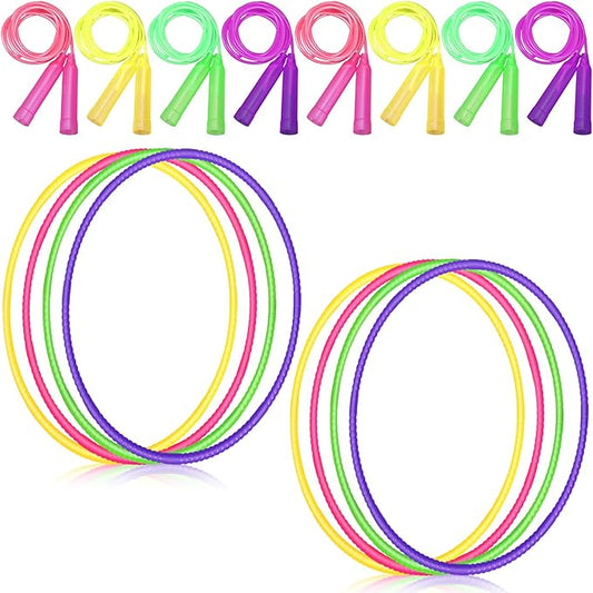 Poen 16 Pcs Detachable Hoop and Jump Rope Set Adjustable Kids Exercise Hoop Skipping Rope Equipment for Fitness Teens Adults Weight Loss Exercise Gymnastics Party Games