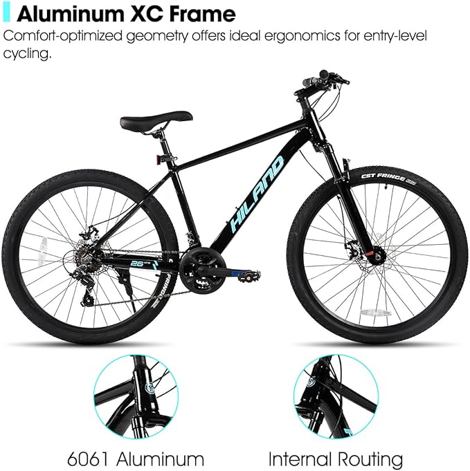 HILAND 26 Inch Mens and Womens Mountain Bike,21 Speed Mountain Bicycle with Dual Disc Brake, Front Suspension Fork, High Carbon Steel Frame Urban Commuter Bike for Adults