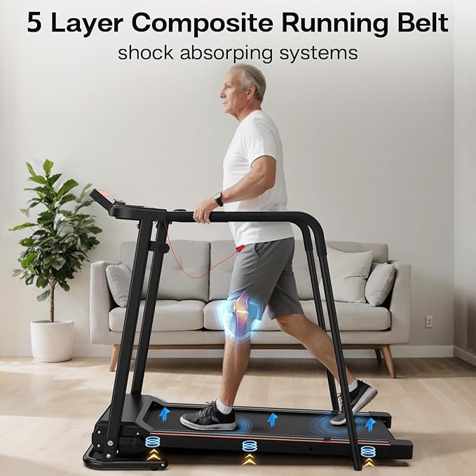 Treadmill for Seniors with Extended Long Handrails for Balance & Safety Foldable Elderly Treadmills for Home Composite Shock-Absorbing Treadmill for Seniors 300 lbs Capacity LCD Display APP Control