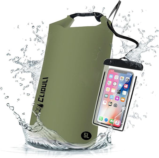Waterproof Dry Bag,Roll Top Green Small Waterproof Backpack 2L/5L/10L/20L/30L/40L Floating Lightweight Bags for Kayaking, Boating, Fishing, Swimming Camping with Waterproof Phone Case