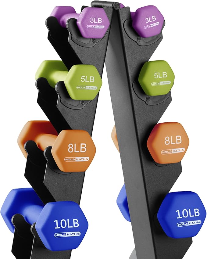 HolaHatha 2, 3, 5, 8, and 10 Pound Neoprene Dumbbell Free Hand Weight Set with Rack, Ideal for Home Exercises to Gain Tone and Definition, Pastel