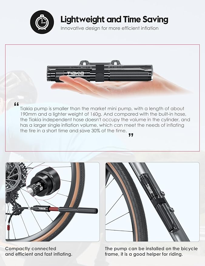 Tiakia Mini Bike Pump,Portable Compact Bicycle Pump,High Pressure Frame Pump 260PSI- Air Hand Pump Fit Presta, Schrader & Woods Valves,Aluminum Alloy Durable Tire Pump for Road/Mountain/BMX Bikes