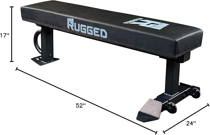 RUGGED STRENGTH Flat Weight Bench - 47” Heavy Duty 2x3” Steel Frame, 3.5” Thick Cushion, 1500 LB Capacity – Commercial Grade Workout Bench for Home Gym & Strength Training