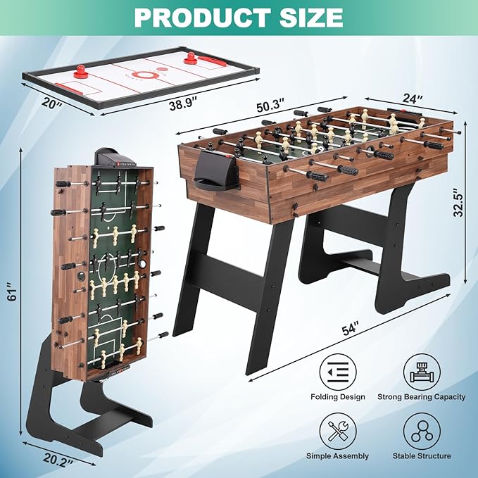 4-in-1 Multi Game Table, 54“ Foldable Combo Game Table Set with Ping Pong, Hockey, Pool Billiards and Foosball for Adults, Home, Game Room, Friends & Family(Dark Wood Grain)