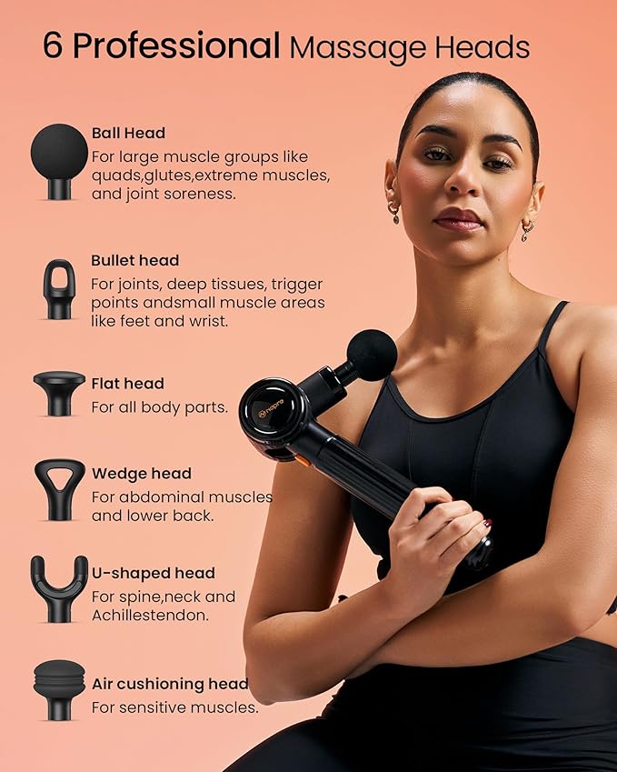 Massage Gun with Heat,Massage Gun Deep Tissue with Extension Handle & 3 Adjustable Angles,Handheld Percussion Back Massager for Muscle/Neck/Body Pain Relief with Portable Case,Black