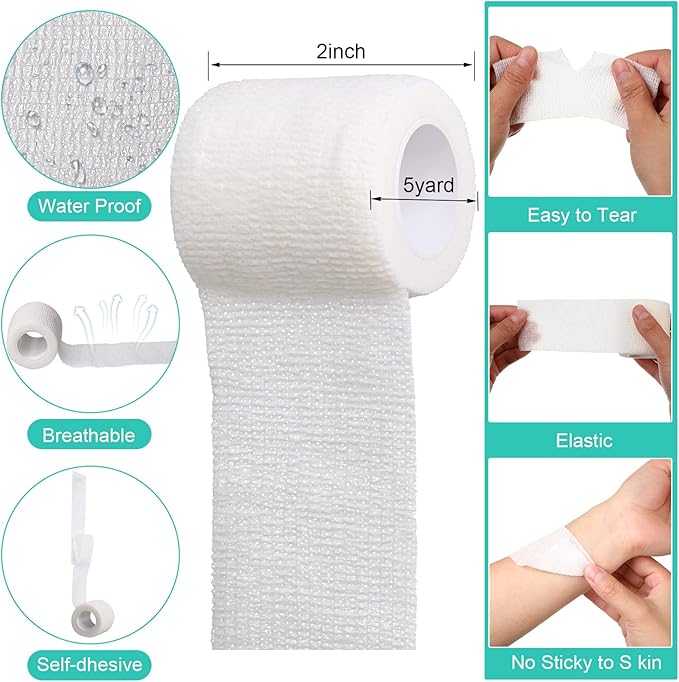 Treela 48 Pack Self Adhesive Wrap Bandage Bulk, 2 Inches x 5 Yards Self Adherent Cohesive Bandage Elastic Athletic Tape Breathable Wound Tape for Stretch Athletic Sports Wrist Ankle(White)