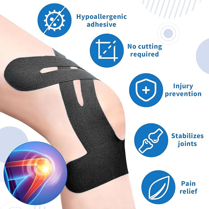 20PCS Kinesiology Tape for Knees, Kinesiology Tape Precut Strips for Knee Support & Stability, Waterproof Breathable Elastic Sports Tape for Pain Relief, Athletic Tape for Muscle & Joint, Black