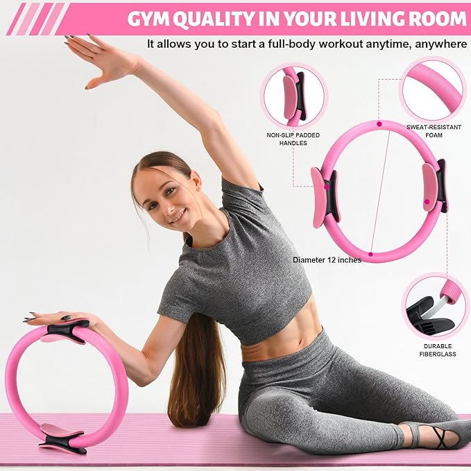 Set of 18 Pilates Ring Essential Kit for Women Pilates Ring and Ball Ankle Resistance Band Yoga Strap Socks Mat Arm Stretcher Latex Tube Gym Back Bag Exercise Equipment for Workout