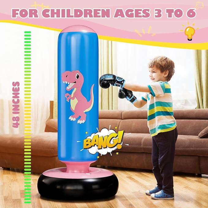 QPAU Inflatable Punching Bag, 48 Inch Stable Inflatable Boxing Bag for 3-6 Kids,Dinosaur Toy & Gifts for Boys and Girls, Kids Boxing Set for Practicing Karate, Taekwondo