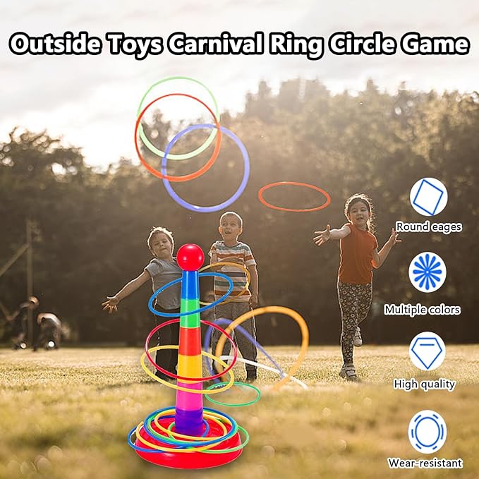 Colorful Plastic Sport Ring Toss Game Set for Kids,1 Colorful Columns+24 Rings+12 Bean Bags,Outside Toys Carnival Ring Circle Game,Outdoor Kids Sports Educational Toys