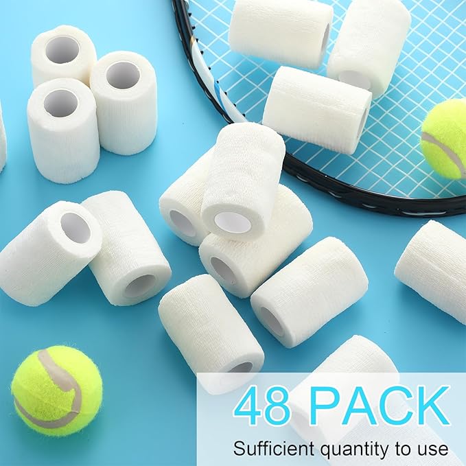 Treela 48 Pack Self Adhesive Wrap Bandage Bulk, Self Adherent Cohesive Bandage Elastic Athletic Tape Breathable Wound Tape for Stretch Athletic Sports Wrist Ankle(White,3 Inch X 5 Yard)