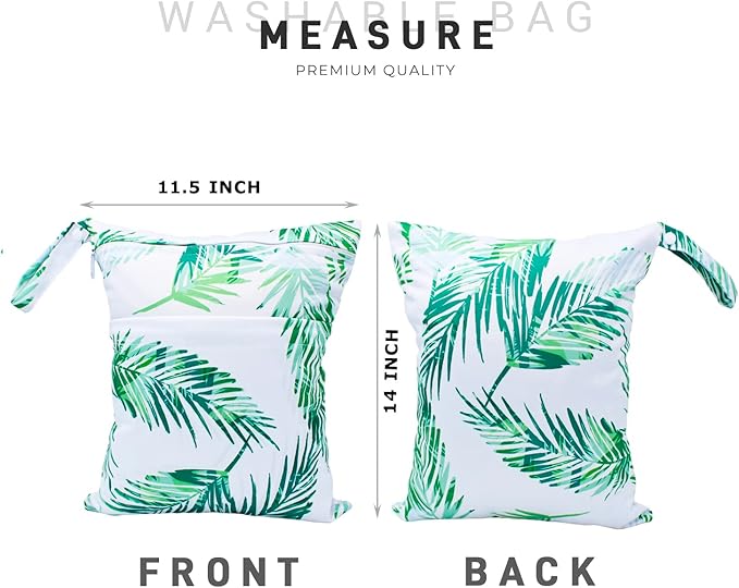 Wet Dry Bag Waterproof Reusable Wet Bag for Swimsuit, Travel, Beach, Pool, Bathing, Diapers, Dirty Yoga Gym Clothes Toiletries Daycare Organizer with Two Zippered Pockets (green leaf)
