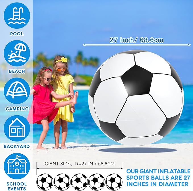 Lewtemi Giant Inflatable Sports Balls Large Inflatable Beach Ball Baseballs Soccer Rainbow Basketball Football for Sport Birthday Party Favor(4 Pcs,Soccer, Baseball, Basketball, Beach Ball,27 Inch)