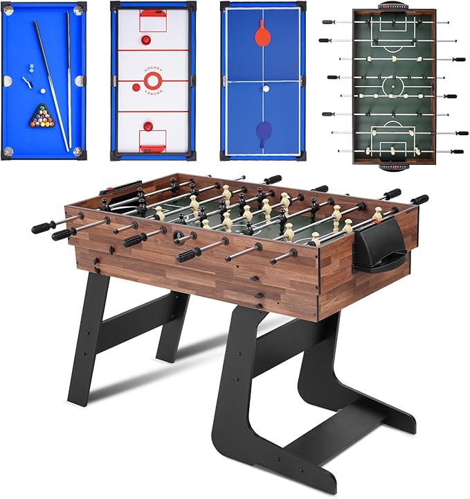 4-in-1 Multi Game Table, 54“ Foldable Combo Game Table Set with Ping Pong, Hockey, Pool Billiards and Foosball for Adults, Home, Game Room, Friends & Family(Dark Wood Grain)