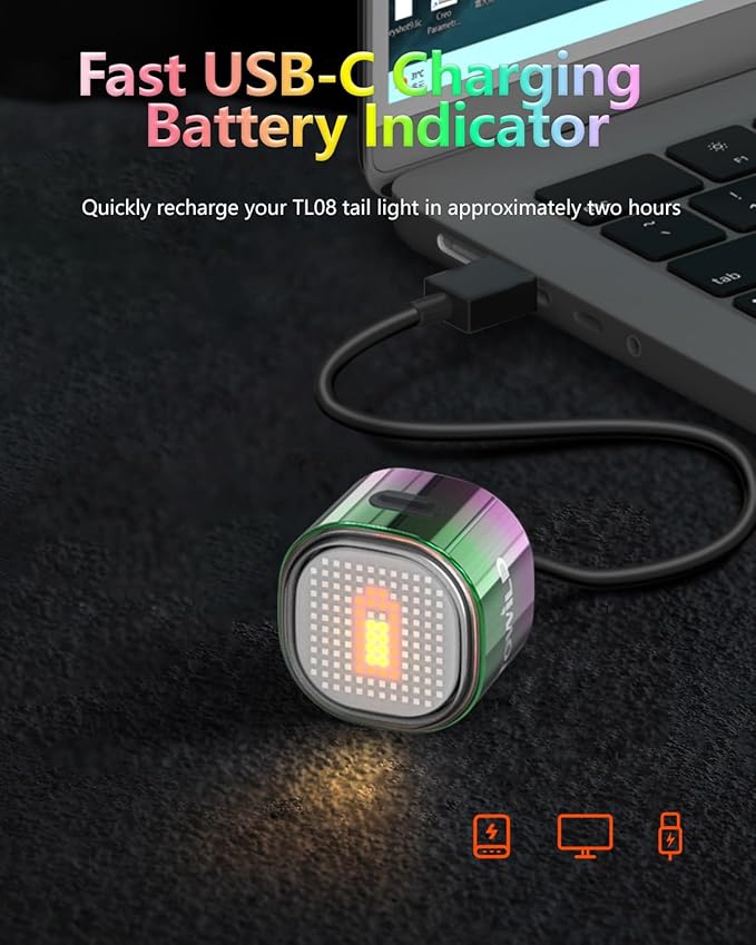 TOWILD TL08 Bike Tail Light, Customized Patterns Full-Color Bike Rear Light, Brake Sensing, USB-C Rechargeable, IPX6 Waterproof