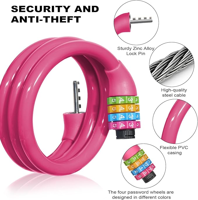 25 Inch Bike Lock Cable, Portable Anti Theft 4 Digits Codes Cable Locks, Resettable Combinations Coiling Bicycle Lock for Bike, Motorbike, Scooter, Skateboard, Gate, Fence (Pink)