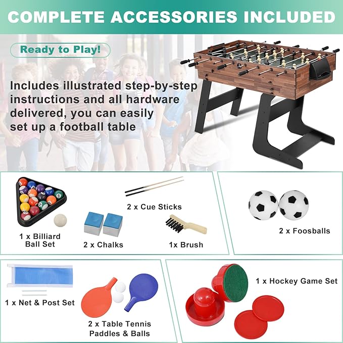 4-in-1 Multi Game Table, 54“ Foldable Combo Game Table Set with Ping Pong, Hockey, Pool Billiards and Foosball for Adults, Home, Game Room, Friends & Family(Dark Wood Grain)