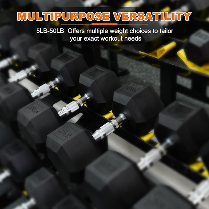 Rubber Encased Hex Dumbbell Set Contoured Handle for Muscle Toning, Strength Building & Full Body Workout, 60LB, 100LB and 150LB Set