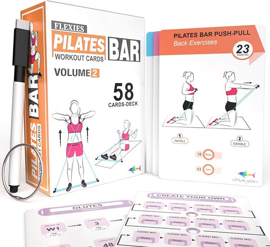 Pilates Bar Workout Cards - 58 Exercise Cards with Pilates Stick Work Out Postures, Instructions & Breathing Tips | Free Ring & Dry-Erase Marker to Create Your Customize Workout Planner Chart