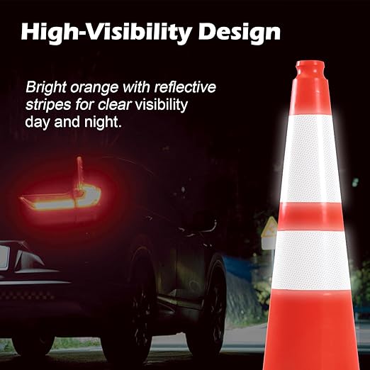 28" Traffic Cones (8 Pack) – Durable Orange PVC Safety Cones with Reflective Collars for Parking, Construction, Roadwork & Driving Practice