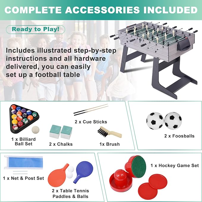 54" 4-in-1 Multi Game Table, Foldable Combo Game Table Set with Ping Pong, Hockey, Pool Billiards and Foosball for Adults, Home, Game Room, Friends & Family