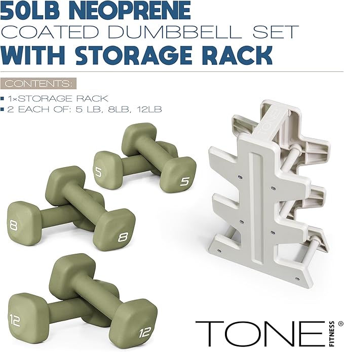 Tone Fitness Neoprene Dumbbell Set with Storage Rack – Non-Slip, Anti-Roll Hand Weights for Home Gym Workouts | 20 lb, 32 lb, & 50 lb Options
