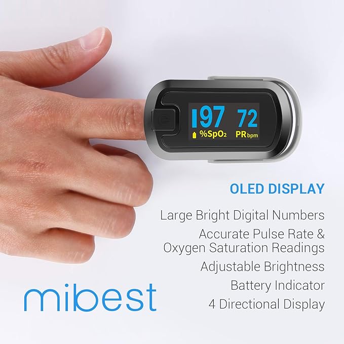 mibest OLED Finger Pulse Oximeter, O2 Meter, Dual Color White/Black